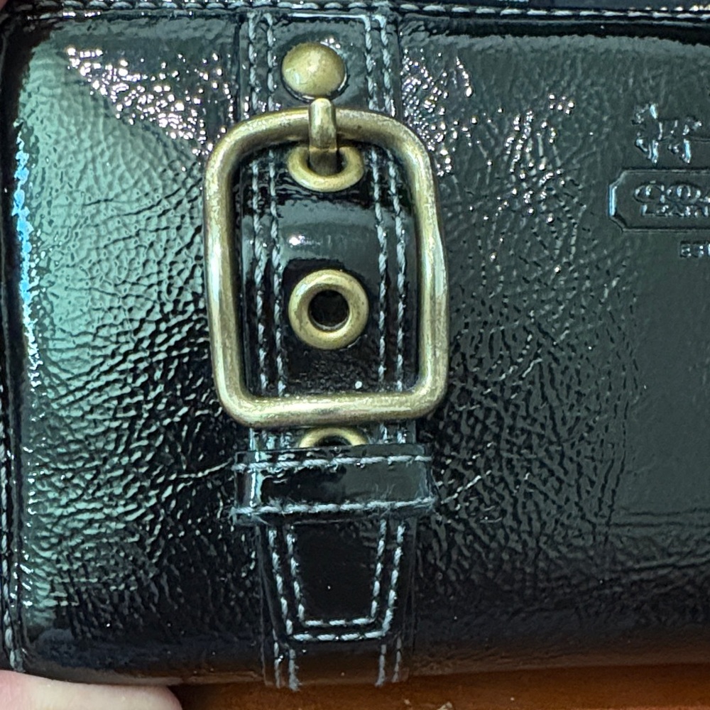 Coach Black Patent Leather Zip-Around Wallet with Brass Buckle Accents - Picture 6 of 8